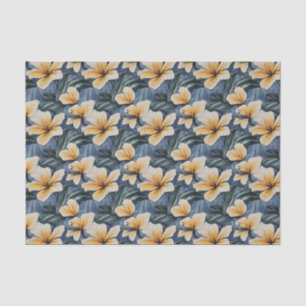 Papel De Seda Floral Tropical Amarilla Hibiscus En Fondo Azul
