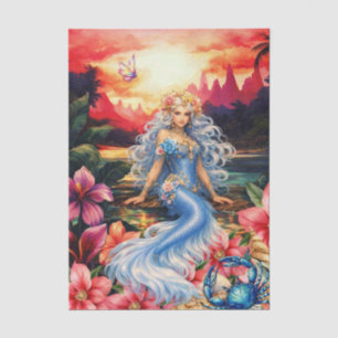 Papel De Seda Floral Tropical Vibrante Azul Sirena Decoupage