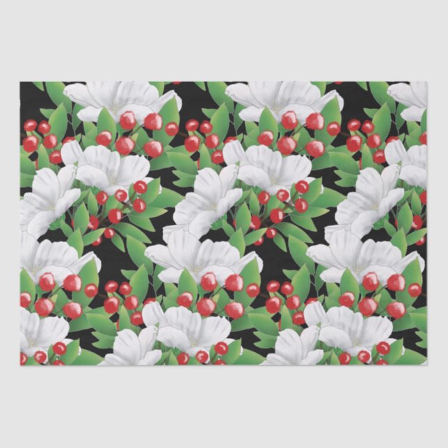 Papel De Seda Floral verde rojo blanco de invierno | Negra (Anverso)