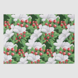 Papel De Seda Floral verde rojo blanco de invierno | Verde oscur