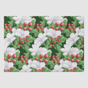 Papel De Seda Floral verde rojo blanco de invierno   Verde oscur