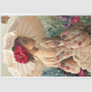 Papel De Seda Floral Vibrante, Dama Elegante con Parasol