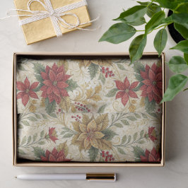 Papel De Seda Floral vintage de poinsettia dorada y roja
