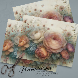 Papel De Seda Floral Vintage en Decoupage Soñador Rosa y Azul