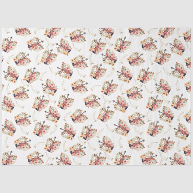 Papel De Seda Floral Violins Gold Music Notes Navidades Holiday (Anverso)