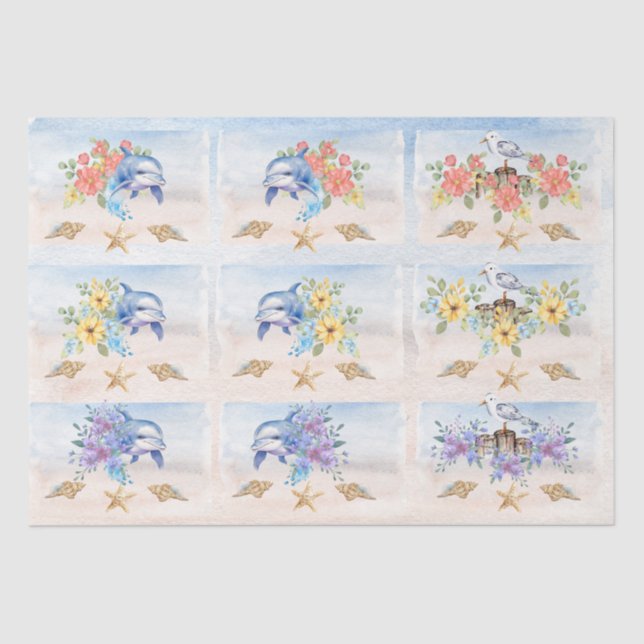 Papel De Seda Floral Watercolor Dolphins & Sandpipers Decoupage  (Anverso)