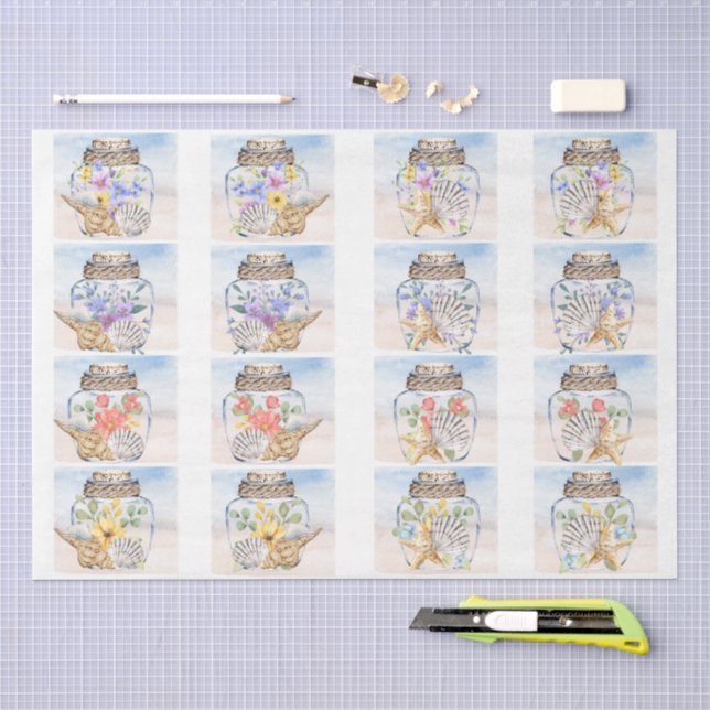 Papel De Seda Florales Acuarela Playera y Conchas Decoupage  (Artesanía)