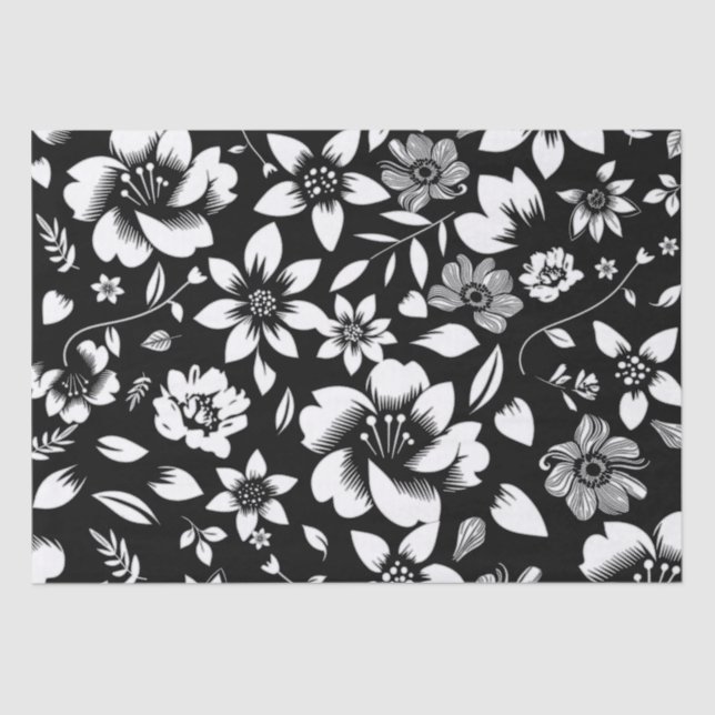 Papel De Seda Florales blancas blancas blancas modernas y negras (Anverso)