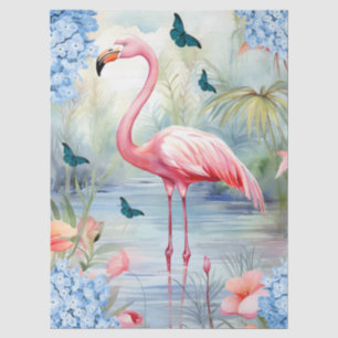 Papel De Seda Florales de acuarela tropical Flamingo y mariposas