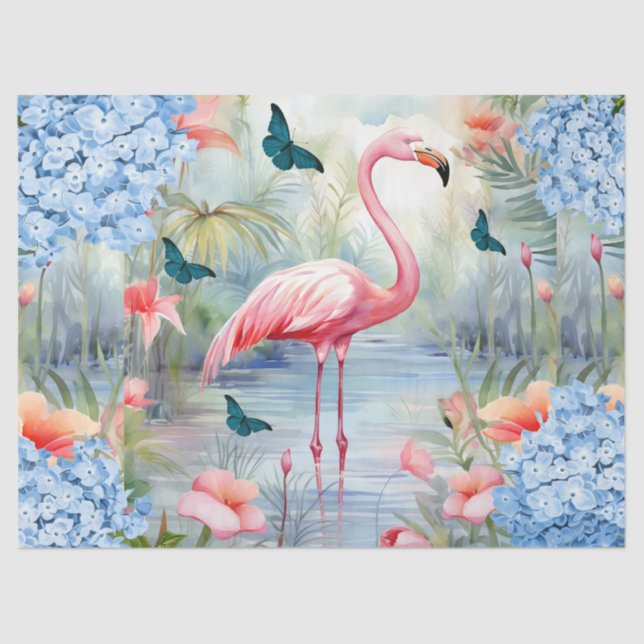 Papel De Seda Florales de acuarela tropical Flamingo y mariposas (Anverso)