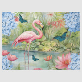 Papel De Seda Florales de acuarela tropical Flamingo y mariposas