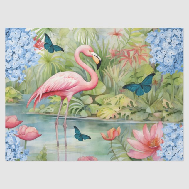 Papel De Seda Florales de acuarela tropical Flamingo y mariposas (Anverso)