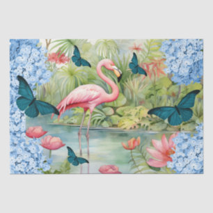 Papel De Seda Florales de acuarela tropical Flamingo y mariposas