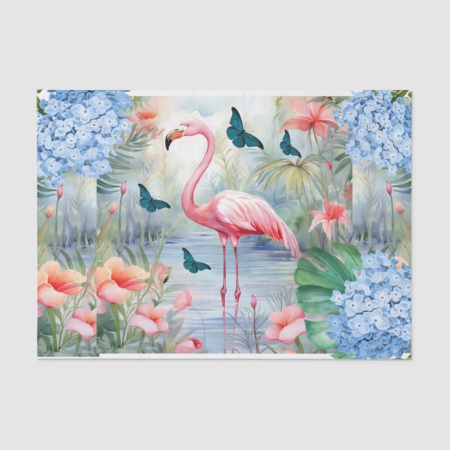Papel De Seda Florales de acuarela tropical Flamingo y mariposas (Anverso)