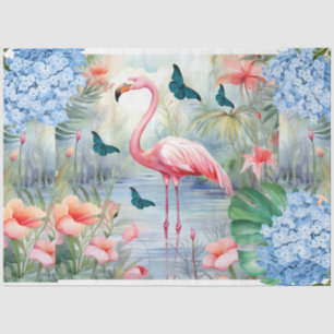 Papel De Seda Florales de acuarela tropical Flamingo y mariposas