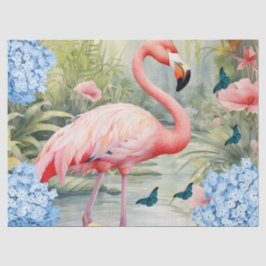 Papel De Seda Florales de acuarela tropical Flamingo y mariposas