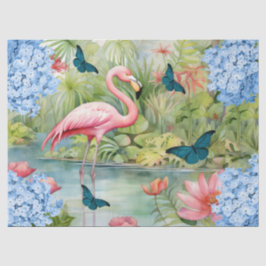 Papel De Seda Florales de acuarela tropical Flamingo y mariposas