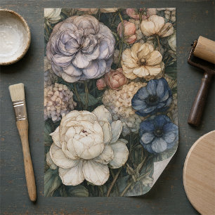 Papel De Seda Florales de Peonía y Hortensia Azules Vintage