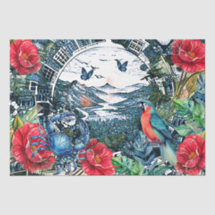 Papel De Seda Florales Tropicales Escénicos Loro y Mariposas