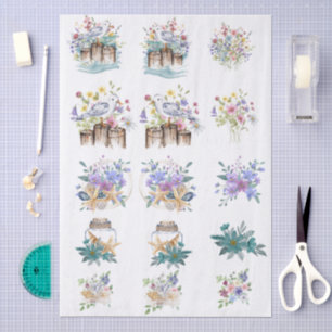 Papel De Seda Florales y conchas playeras acuarelas caprichosas