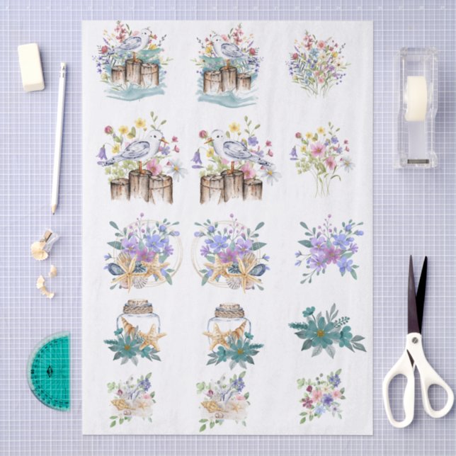 Papel De Seda Florales y conchas playeras acuarelas caprichosas  (Artesanía)