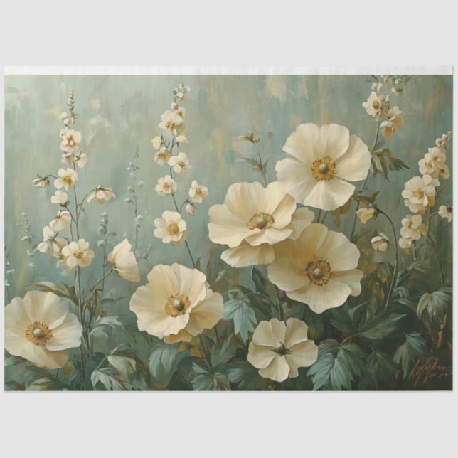 Papel De Seda Florals crema sobre fondo verde (Anverso)