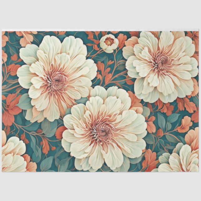 Papel De Seda Florals Naranja Verde azulado Rubor Decoupage (Anverso)