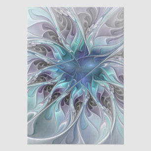 Papel De Seda Florecer Abstracto Moderno Floral Fractal Con Azul