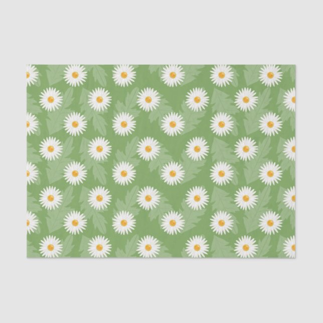 Papel De Seda Floreciente Patrón De Flores De Daisy En Verde (Anverso)