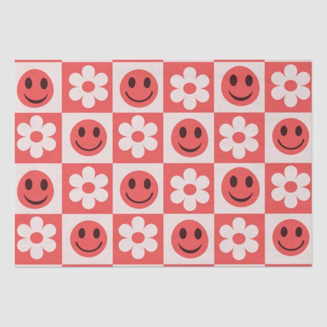 Papel De Seda Flores a cuadros y caras felices rojas  (Anverso)