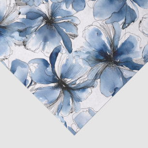 Papel De Seda Flores abstractos de acuarela azules y blancos