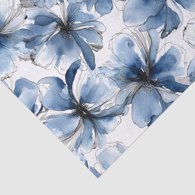 Papel De Seda Flores abstractos de acuarela azules y blancos (Detalle)