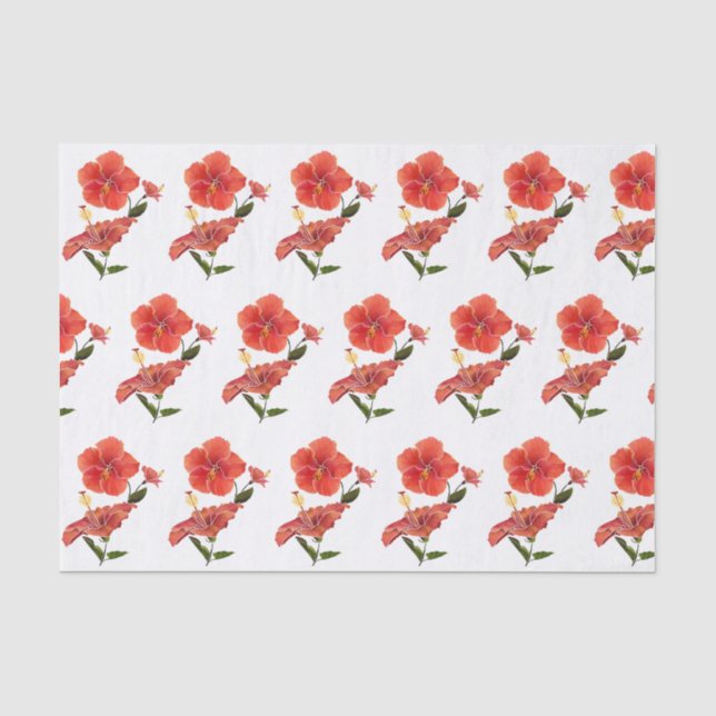 Papel De Seda Flores acuáticas de hibiscus rojo tropical Tejido  (Anverso)