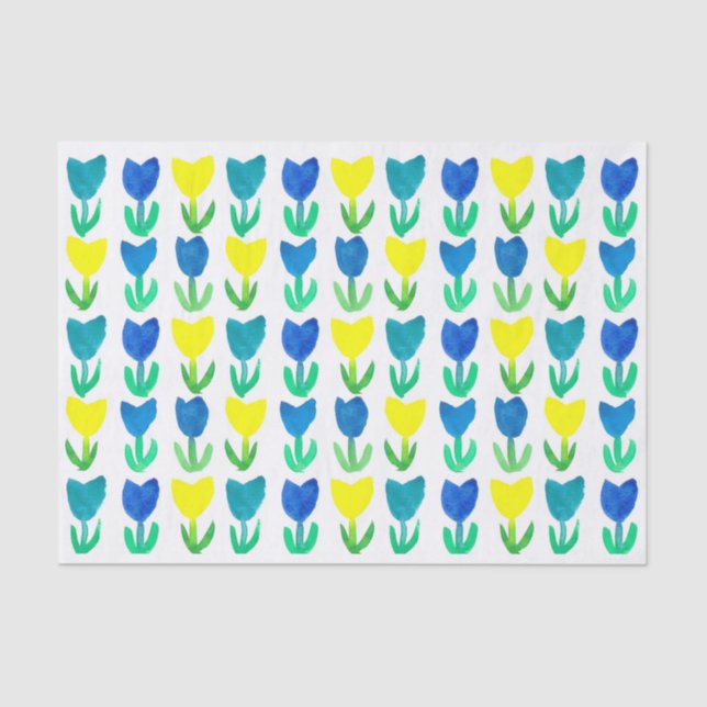 Papel De Seda Flores acuáticas de tulipán azul amarillo real (Anverso)