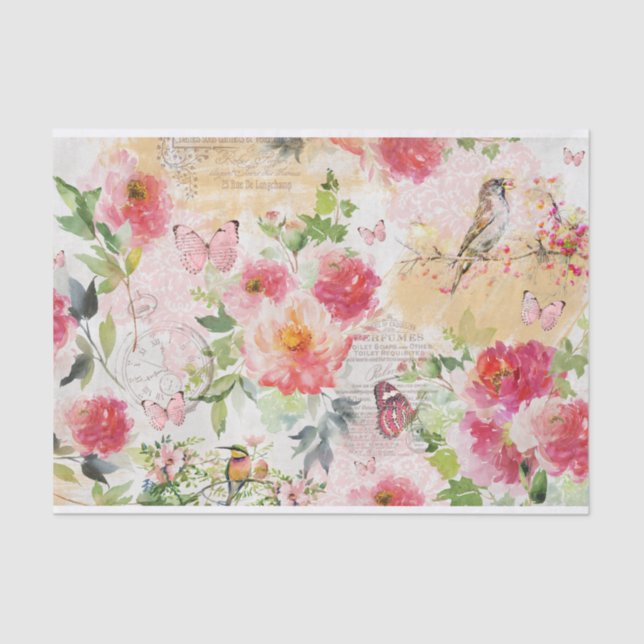 Papel De Seda Flores acuáticas, pájaros, collage de mariposas (Anverso)