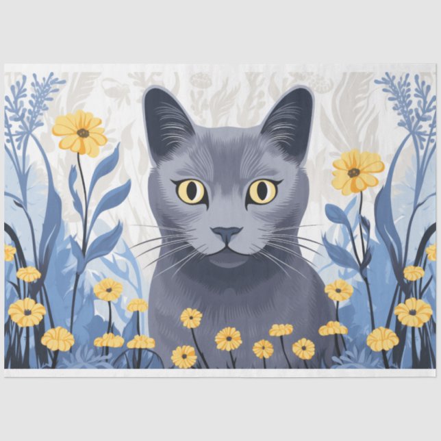 Papel De Seda Flores amarillas de gato azul ruso (Anverso)
