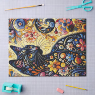 Papel De Seda Flores Amarillas Gato Gato Negro Gatito Floral Whi