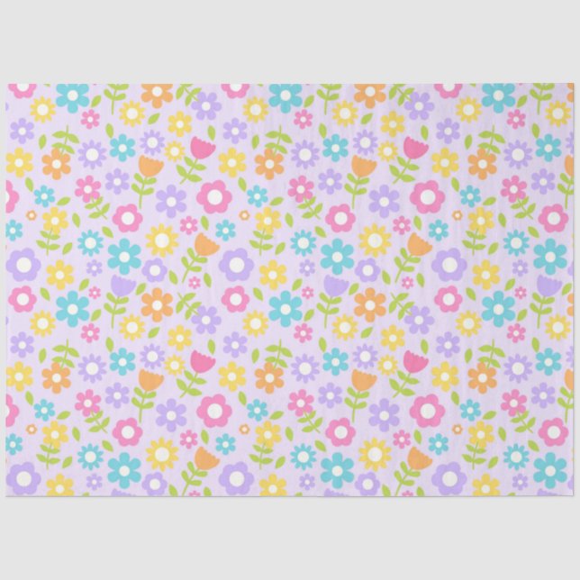 Papel De Seda Flores amarillas, moradas, azules y rosadas sobre  (Anverso)