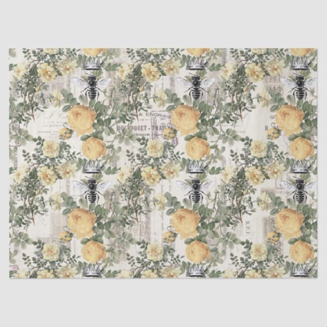 Papel De Seda Flores amarillas y desconchura de abejas reina (Anverso)