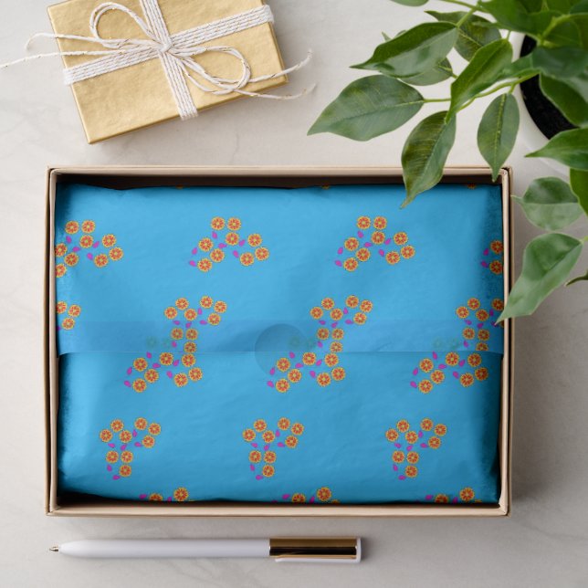 Papel De Seda Flores amarillas y naranjas sobre azul (Regalo )