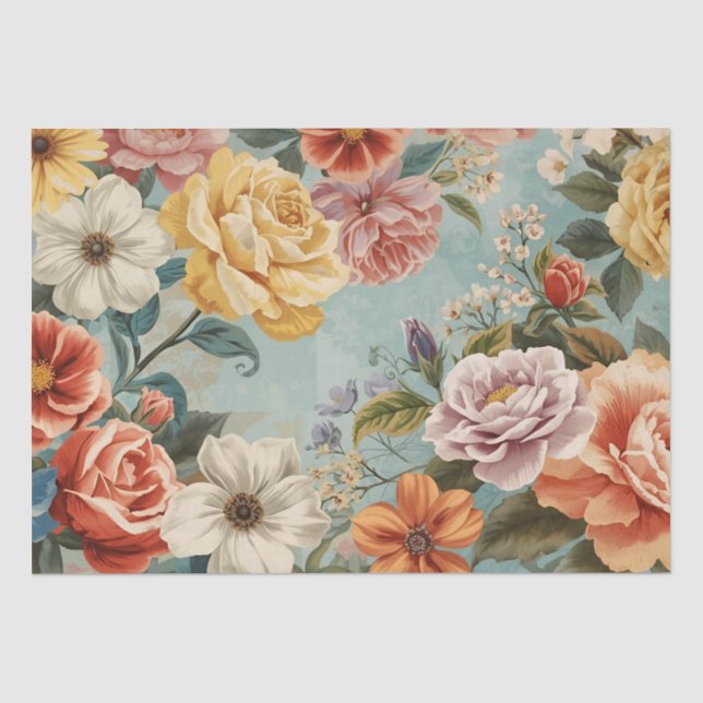 Papel De Seda Flores antiguas sobre azul  (Anverso)