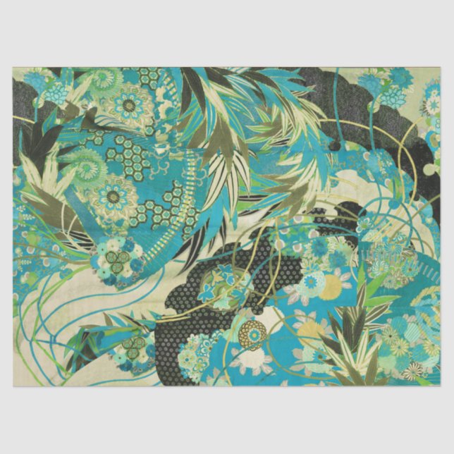 Papel De Seda FLORES ANTIGUOS JAPONESES Aqua Blue Green Floral (Anverso)
