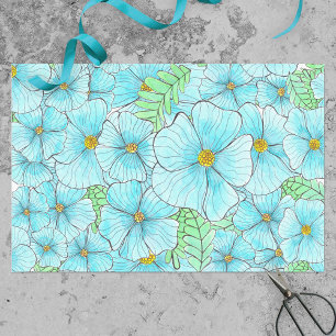 Papel De Seda Flores azul turquesa acuarela y vegetación