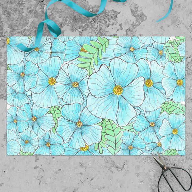 Papel De Seda Flores azul turquesa acuarela y vegetación (Subido por el creador)