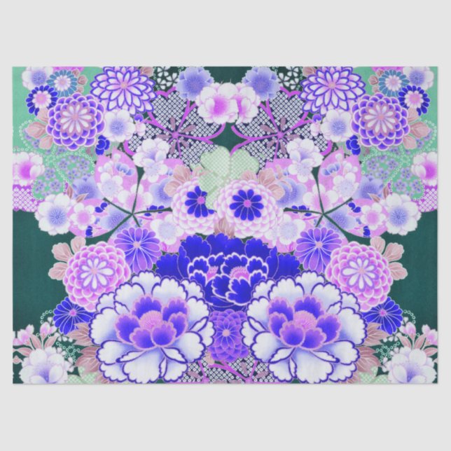 Papel De Seda FLORES AZULES BLANCOS Peony, Rosas floridos japone (Anverso)