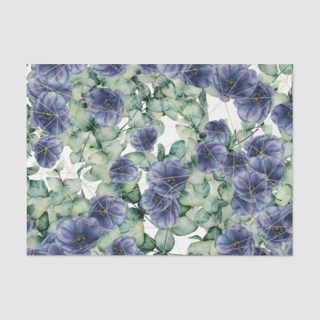Papel De Seda Flores azules con hojas verdes y doradas (Anverso)