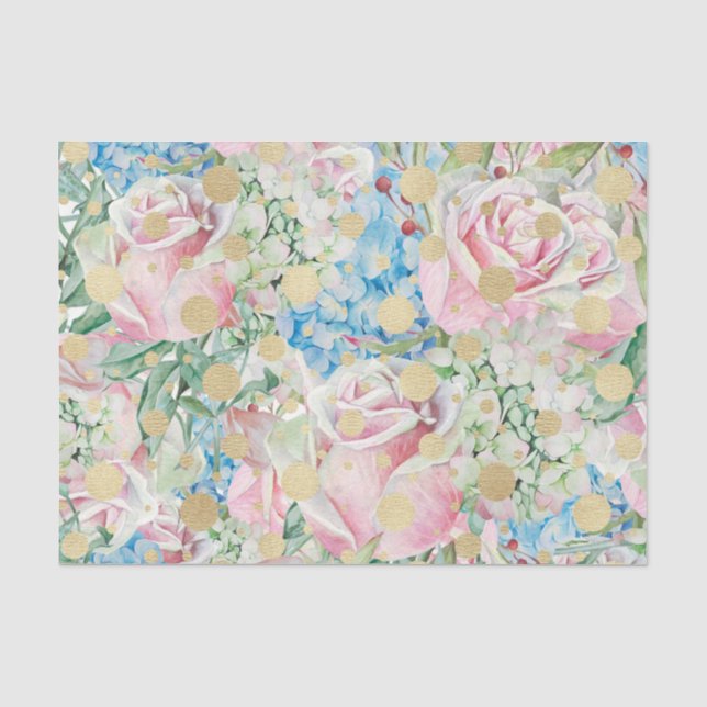 Papel De Seda Flores azules con rosas rosadas y puntos dorados (Anverso)