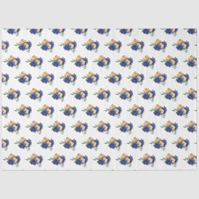 Papel De Seda Flores azules de la marina y patrón de vegetación (Anverso)