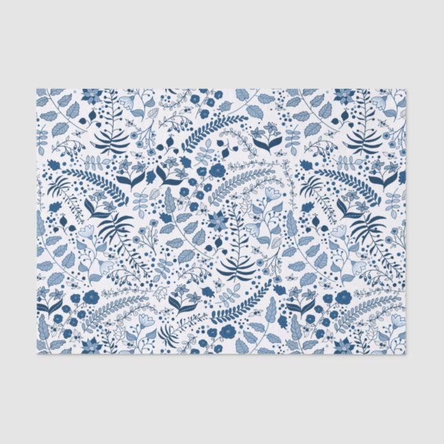 Papel De Seda Flores azules delgadas estilo boho (Anverso)