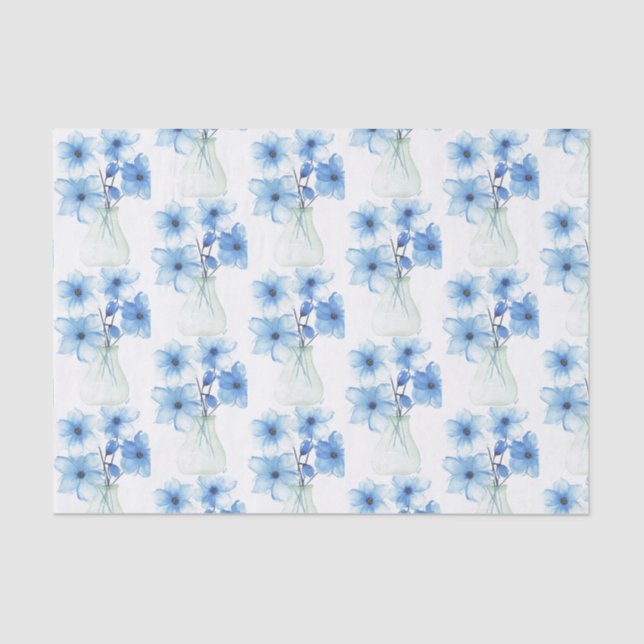 Papel De Seda Flores azules en jarrón de vidrio (Anverso)